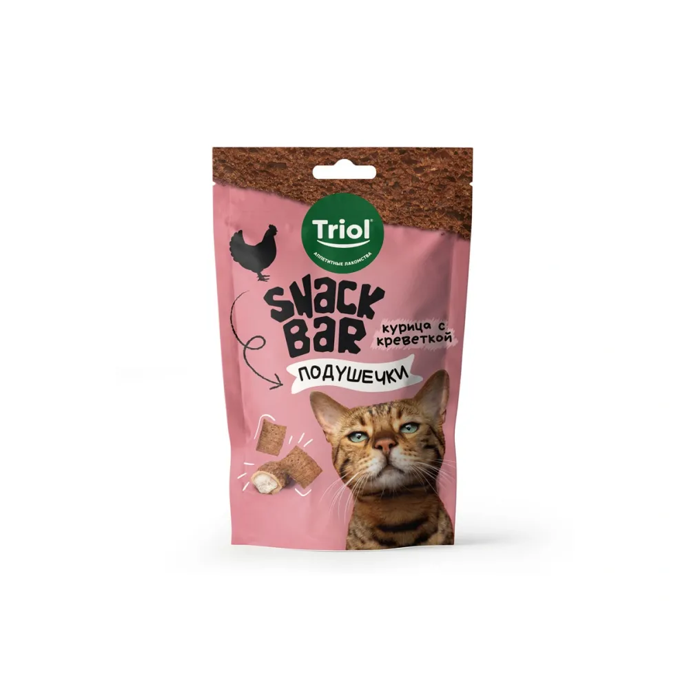Triol лакомство SNACK BAR мини-подушечки с начинкой из курицы и креветки для кошек, 30 г