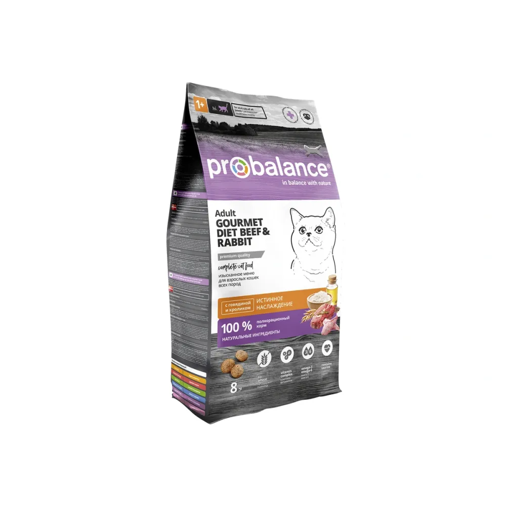 ProBalance сухой корм Gourmet Diet с говядиной и кроликом для взрослых кошек, 8 кг