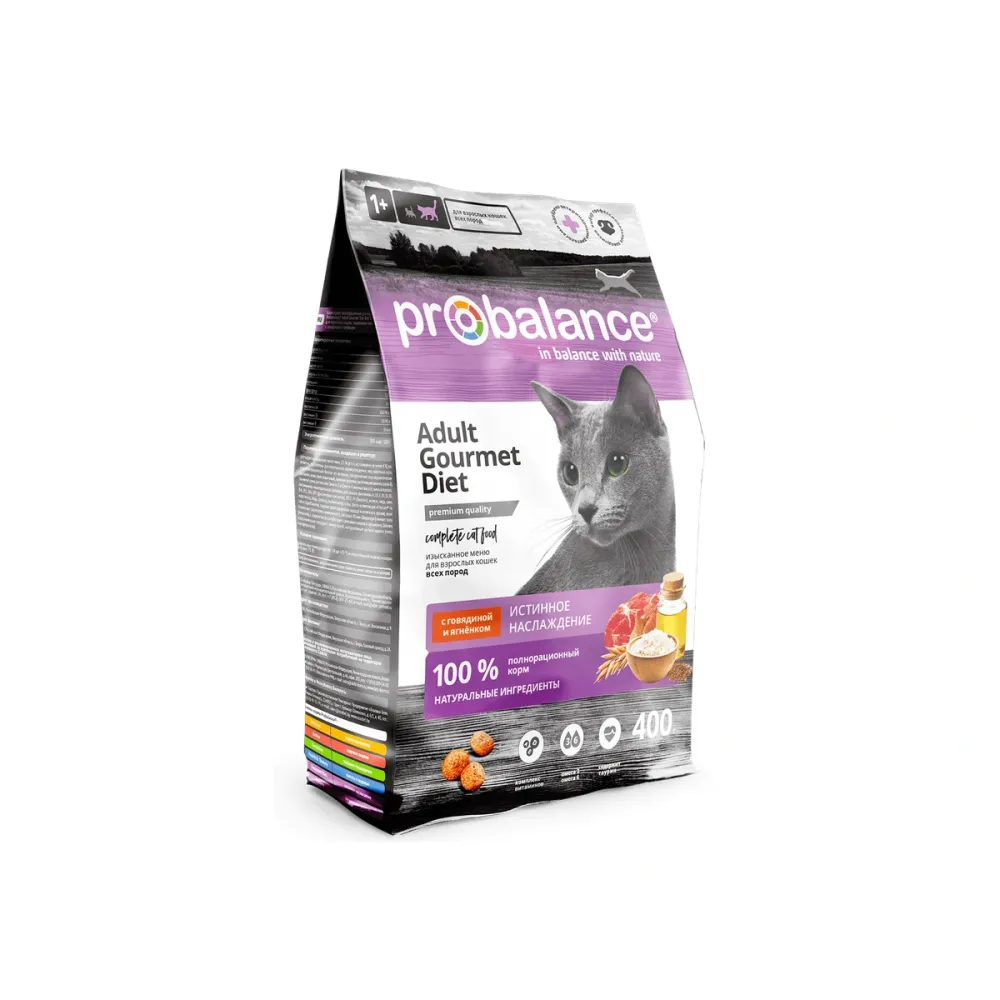 ProBalance сухой корм Gourmet Diet с говядиной и ягнёнком для взрослых кошек, 400 г