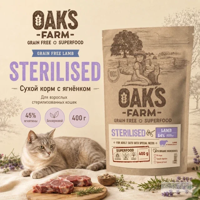 OAK’S FARM Grain Free Lamb Sterilised сухой беззерновой корм с ягнёнком для стерилизованных кошек 400 г