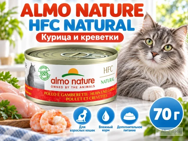 Almo Nature HFC для кошек, консервы из курицы и креветок 70г