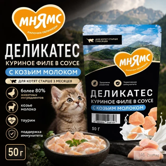 Мнямс Деликатес Куриное филе с козьим молоком в соусе — полнорационный влажный корм для котят, 50 г