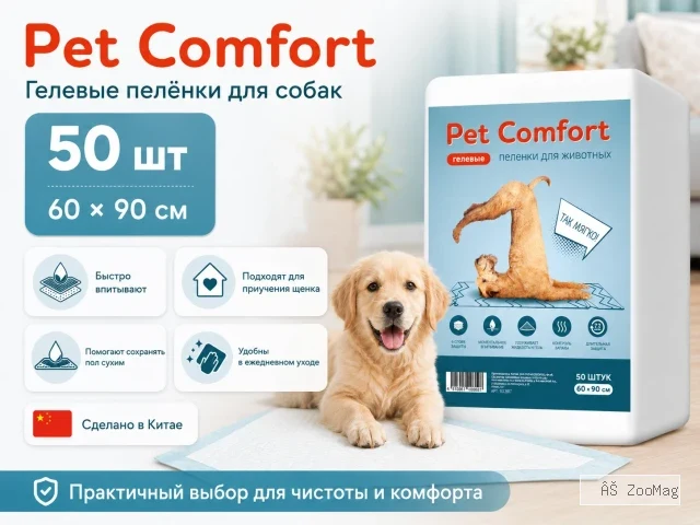 Pet Comfort, одноразовые гелевые пелёнки для собак, 60 × 90 см, 50 шт