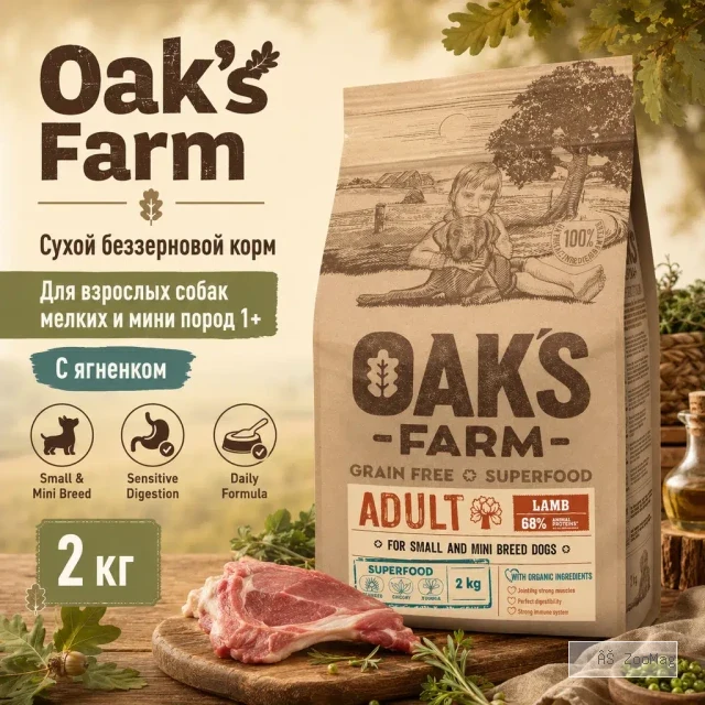 Oak's Farm Grain Free Adult Small & Mini Breed Dogs Lamb сухой беззерновой корм с ягнятиной для мелких собак, 2 кг