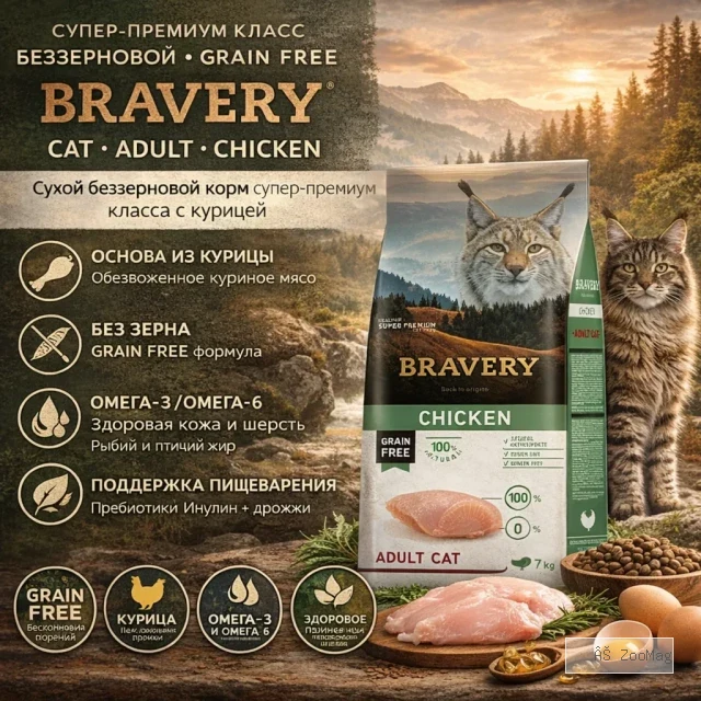 BRAVERY Adult Cat Chicken беззерновой сухой корм с курицей для взрослых кошек, 7 кг