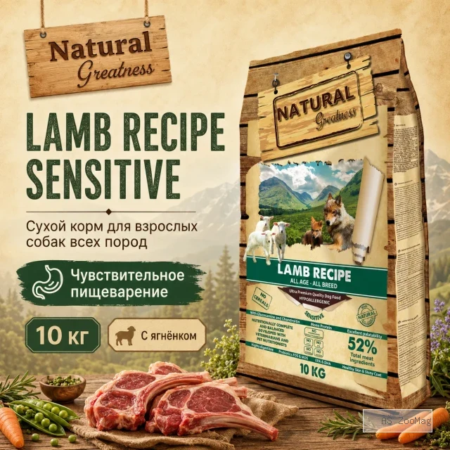 Natural Greatness Lamb Recipe Sensitive сухой корм для взрослых собак с чувствительным пищеварением с ягнёнком, 10 кг