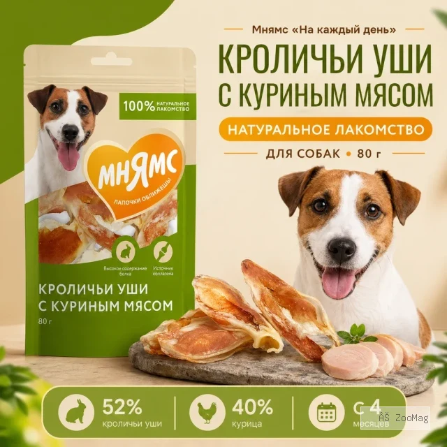 Мнямс На каждый день Кроличьи уши с куриным мясом лакомство для собак и щенков, 80 г