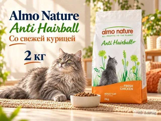 Almo Nature Anti Hairball со свежей курицей сухой корм для выведения шерсти у взрослых кошек, 2 кг