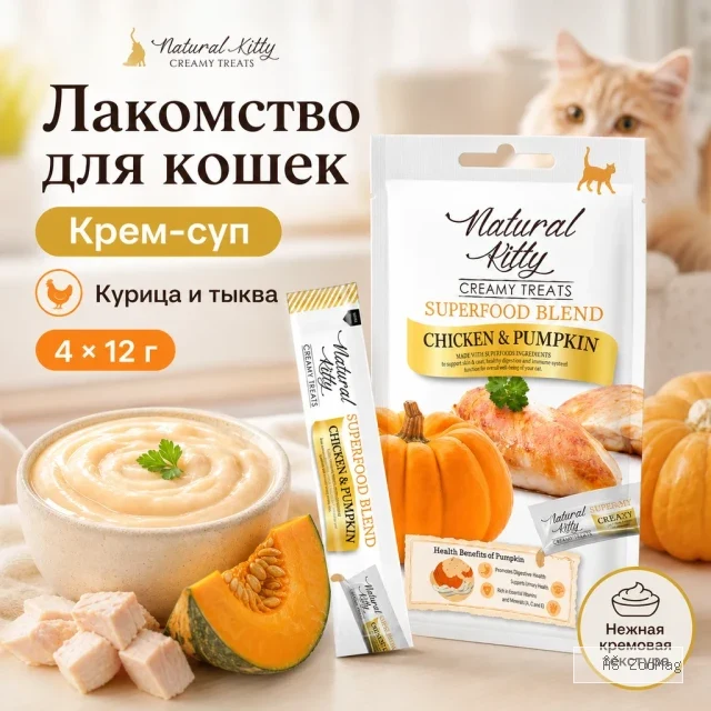 Natural Kitty Creamy Treats крем-суп с курицей и тыквой для кошек, 4×12 г
