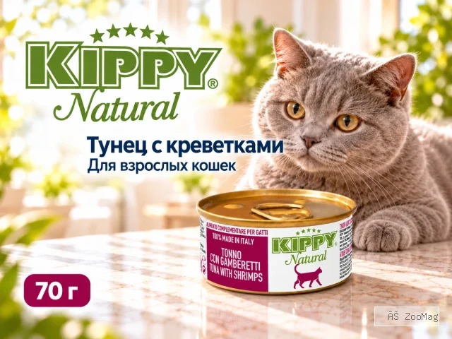 Kippy Natural с тунцом и креветками дополнительный корм для взрослых кошек, 70 г
