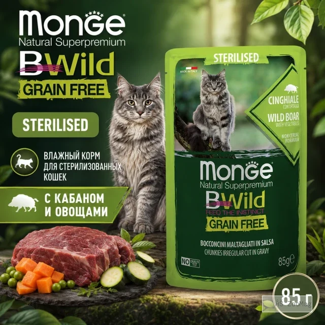 Monge BWild Cat Sterilised Salmon with Shrimps влажный корм с лососем, креветками и овощами, 85 г