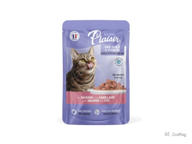 Plaisir влажный корм Cat Sterilised с лососем и треской для кошек пауч 100 г