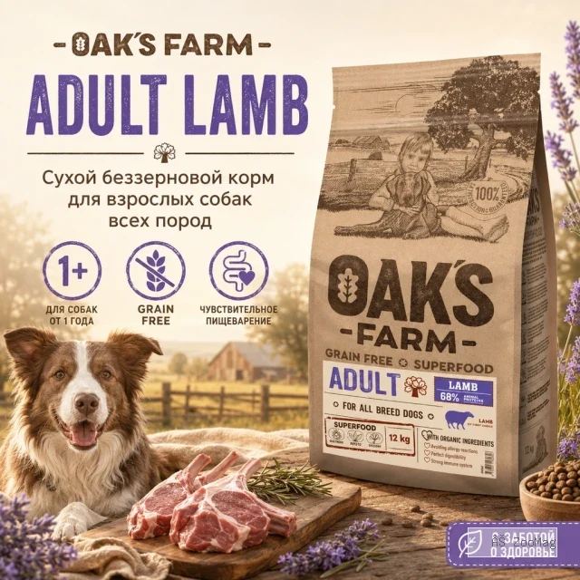 OAK'S FARM сухой беззерновой корм с ягненком для взрослых собак всех пород, супер-премиум, 12 кг
