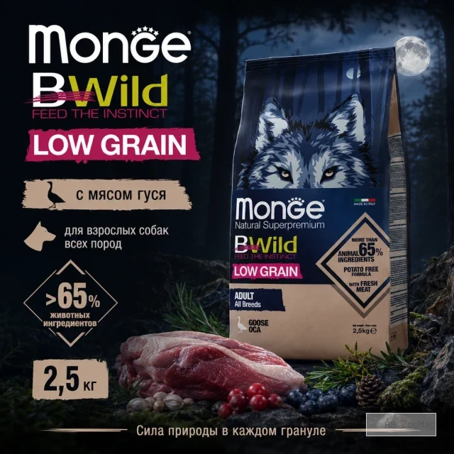 Monge BWild Low Grain All Breeds Adult Goose сухой низкозерновой корм с гусем для взрослых собак, 2,5 кг