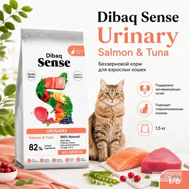 Dibaq Sense Cat Urinary сухой беззерновой корм с лососем и тунцом для взрослых кошек, 1.5 кг