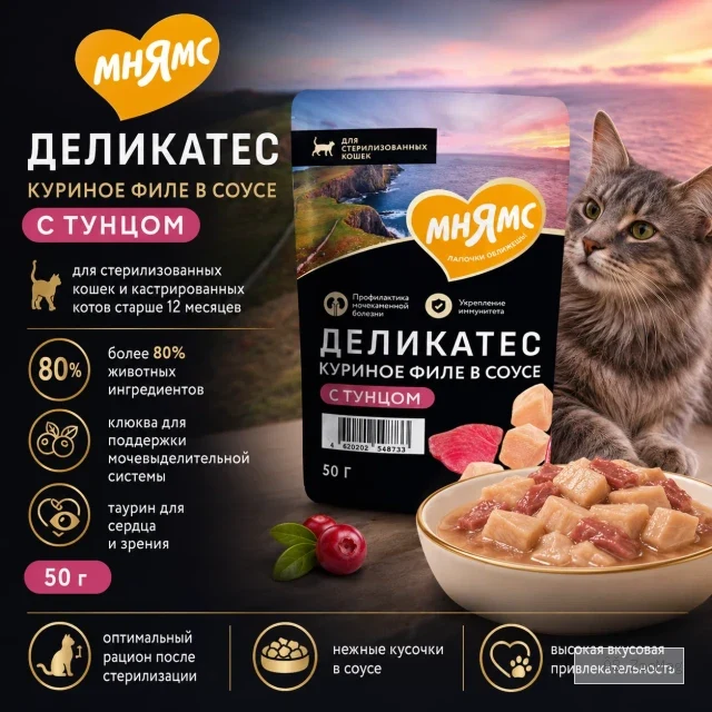 Мнямс Деликатес Куриное филе с говядиной в соусе — полнорационный влажный корм для взрослых кошек, 50 г
