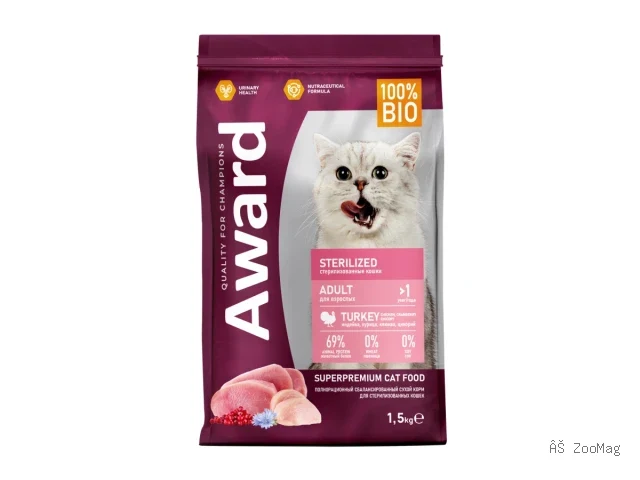 Award сухой корм Sterilized с индейкой и курицей для стерилизованных кошек 1,5 кг