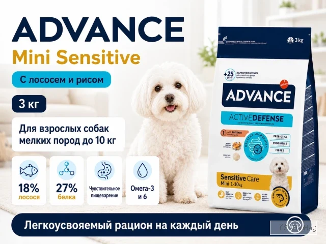 Advance Mini Sensitive Care с лососем и рисом — сухой корм для взрослых собак мелких пород, 3 кг
