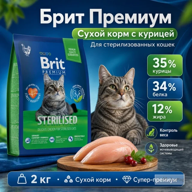 Brit Premium Cat Sterilised Chicken сухой корм с курицей для стерилизованных кошек, 2 кг