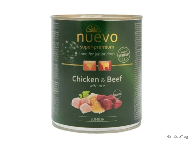 Nuevo влажный корм Junior Chicken and Beef для щенков с курицей говядиной и рисом 800 г