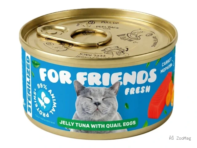 For Friends Fresh влажный корм для стерилизованных кошек с тунцом, перепелиным яйцом, клюквой и морковью в желе, 85 г
