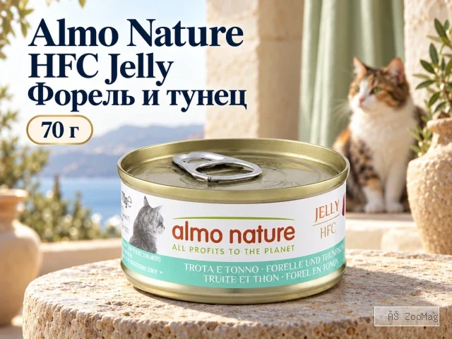 Almo Nature HFC Jelly с форелью и тунцом в желе влажный корм для взрослых кошек, 70 г
