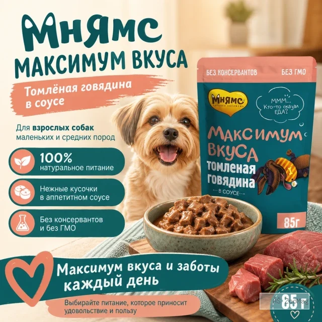 Мнямс Максимум Вкуса Влажный корм с томлёной говядиной в соусе для собак малых и средних пород, 85 г