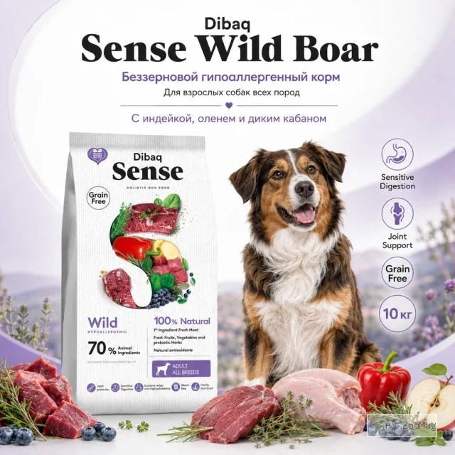 Dibaq Sense Wild Boar сухой беззерновой корм с индейкой, оленем и диким кабаном для собак, 10 кг
