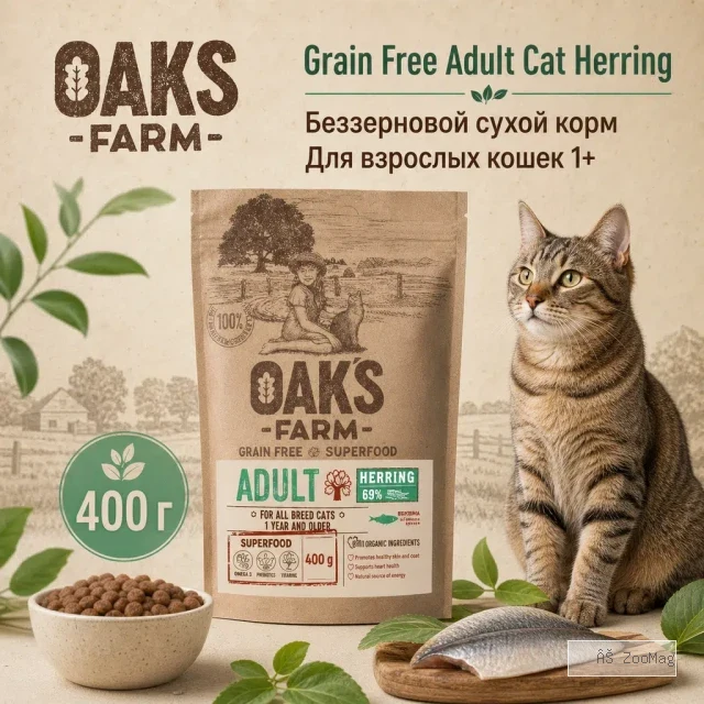 Oaks Farm Grain Free Adult Cat Herring сухой беззерновой корм с сельдью для взрослых кошек, 400 г