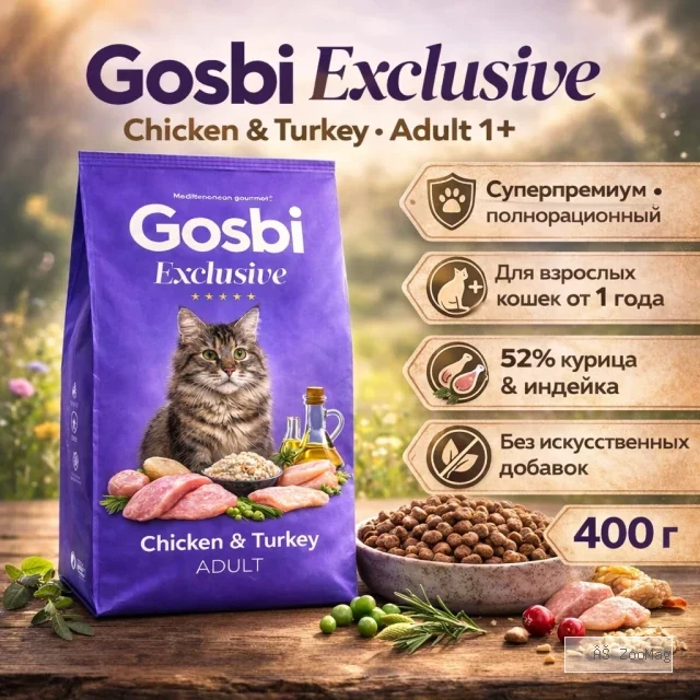 Gosbi Exclusive Chicken & Turkey Adult — сухой корм для кошек 1+, 400 г