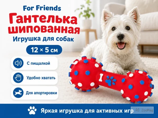 For Friends «Гантелька шипованная» с пищалкой, виниловая игрушка для собак, 12 × 5 см