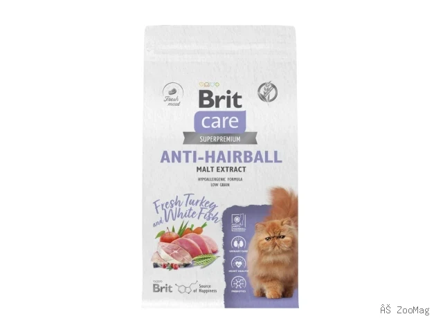 Brit Care сухой корм Anti Hairball для взрослых кошек с индейкой и белой рыбой 1,5 кг