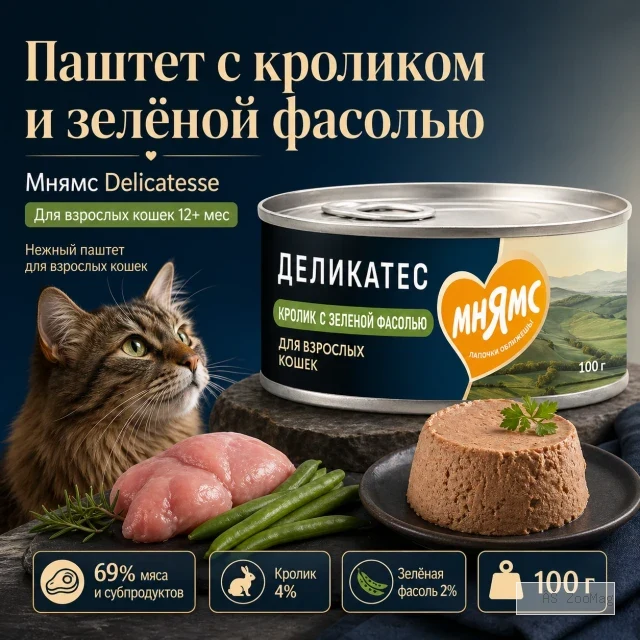 Мнямс Деликатес Паштет по-мальтийски с кроликом и зелёной фасолью для кошек, 100 г