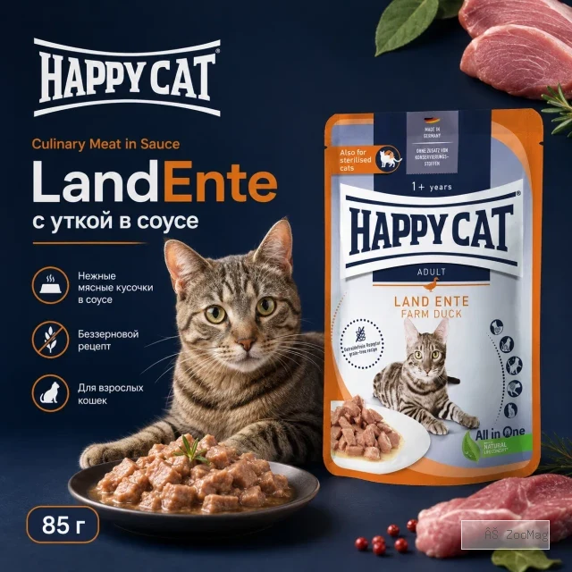 Happy Cat Culinary Meat in Sauce LandEnte влажный корм для кошек с уткой, 85 г