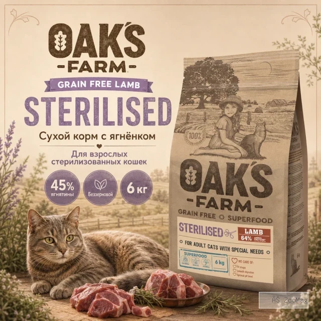 OAK’S FARM Grain Free Lamb Sterilised сухой беззерновой корм с ягнёнком для стерилизованных кошек 6 кг