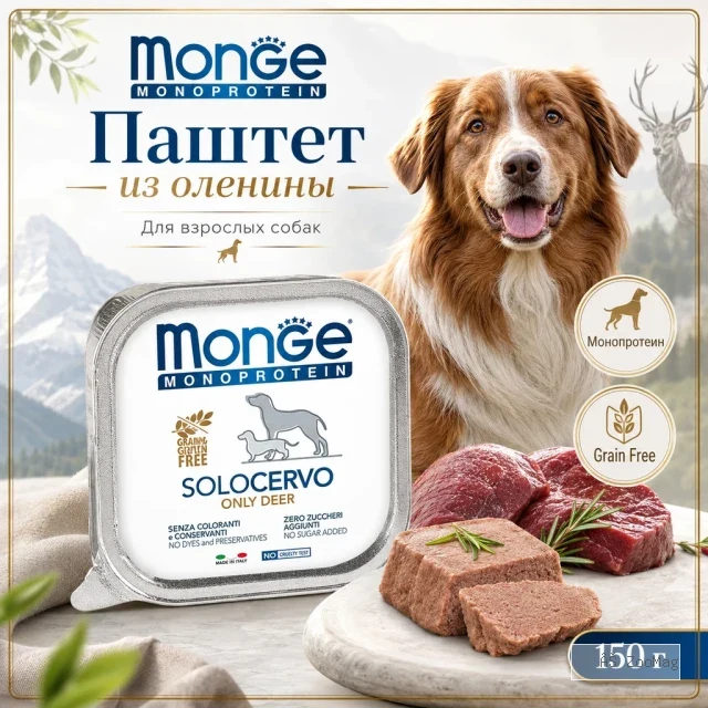 Monge Dog Monoprotein Solo паштет для собак оленина беззерновой монопротеиновый корм 150 г