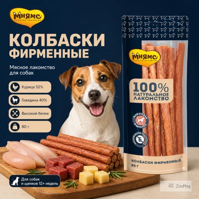 Мнямс На каждый день Колбаски фирменные с курицей, говядиной и сыром для собак, 80 г