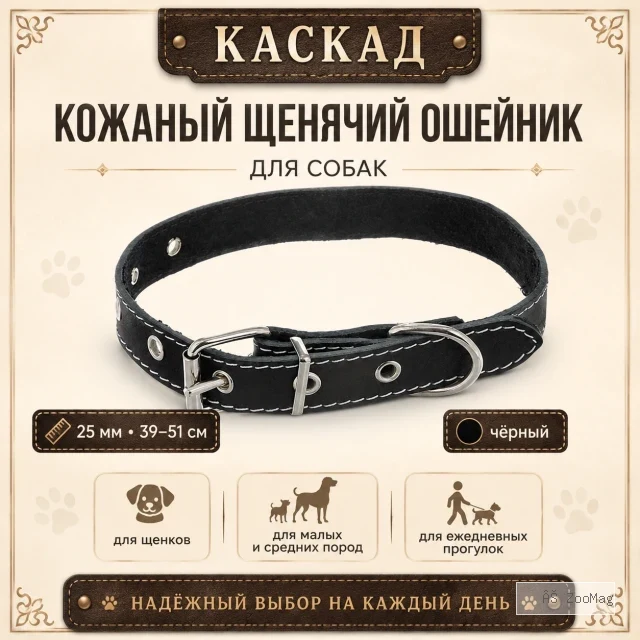 Ошейник Каскад кожаный щенячий для собак, 25 мм, 39–51 см, чёрный