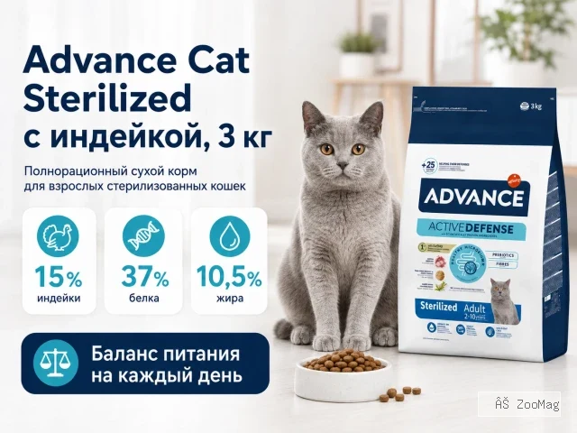 Advance Sterilized Adult с индейкой — сухой корм для стерилизованных кошек, 3 кг