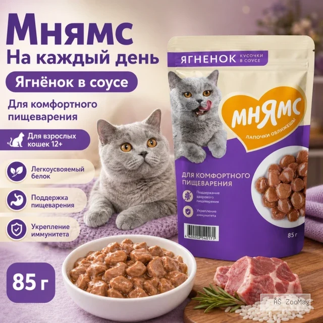 Мнямс На каждый день Влажный корм с ягнёнком в соусе для комфортного пищеварения кошек, 85 г
