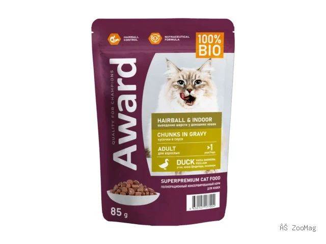 Award влажный корм Hairball Indoor с уткой для взрослых кошек 85 г