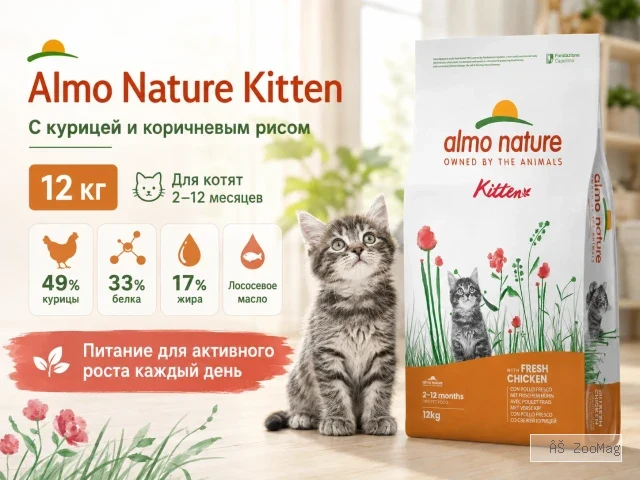 Almo Nature Kitten со свежей курицей и коричневым рисом — сухой корм для котят, 12 кг
