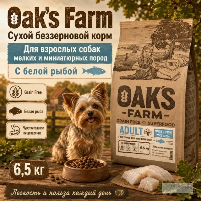Oak's Farm Grain Free Adult Small & Mini Breed Dogs White Fish сухой беззерновой корм с белой рыбой для мелких собак, 6.5 кг