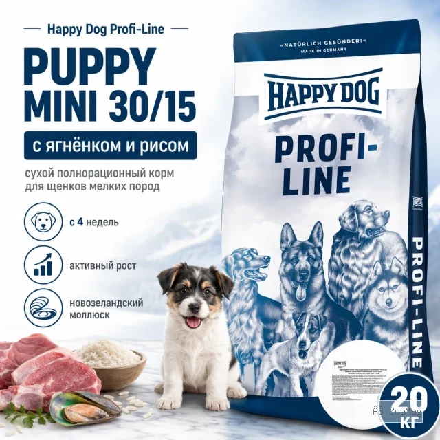 Happy Dog Profi Puppy Mini 30/15 сухой корм для щенков мелких пород с ягнёнком и рисом, 20 кг