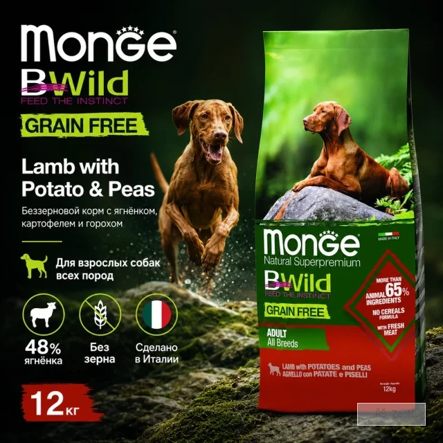 Monge Dog BWild Grain Free Lamb Potato Peas сухой беззерновой корм с ягнёнком для взрослых собак 12 кг