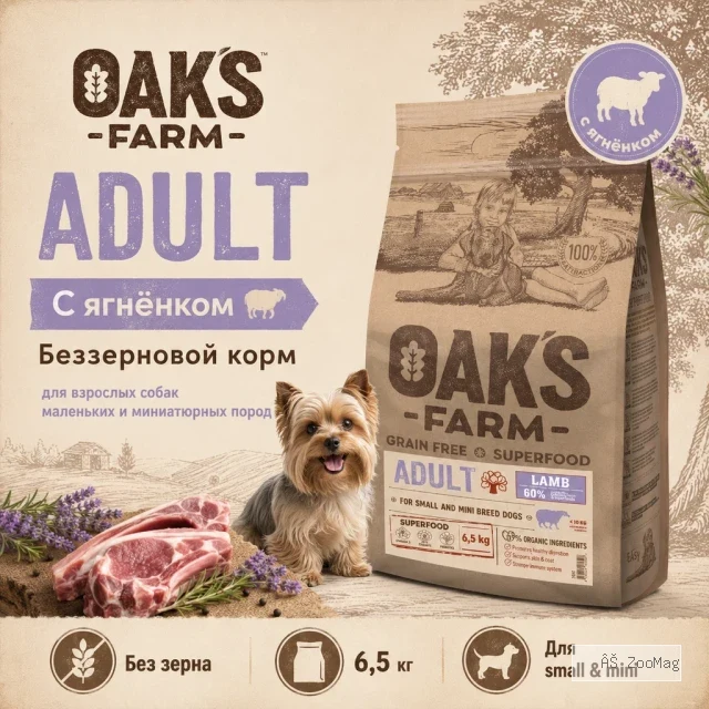 OAK’S FARM Grain Free Lamb сухой беззерновой корм с ягнёнком для собак малых пород 6,5 кг
