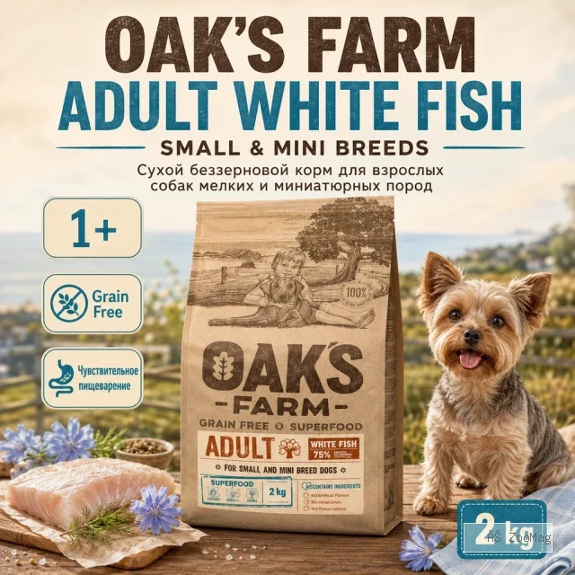 OAK'S FARM Adult Small & Mini White Fish сухой беззерновой корм с белой рыбой для мелких собак, 2 кг