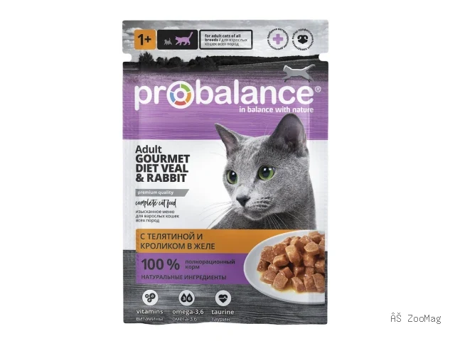 ProBalance влажный корм Gourmet Diet с телятиной и кроликом в желе для взрослых кошек, 85 г