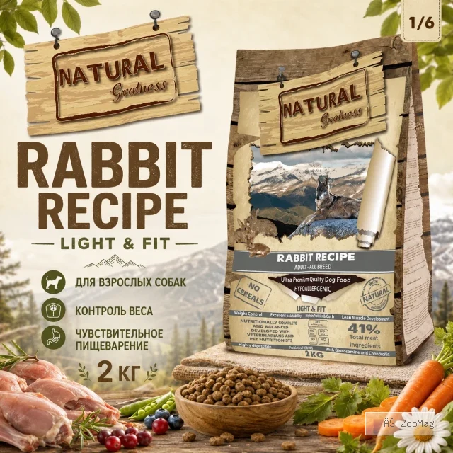 Natural Greatness Rabbit Recipe Light & Fit сухой корм для собак с кроликом, 2 кг