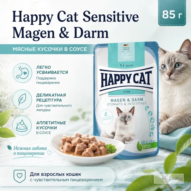 Happy Cat Care Meat in Sauce Magen & Darm влажный корм для кошек с чувствительным пищеварением, 85 г